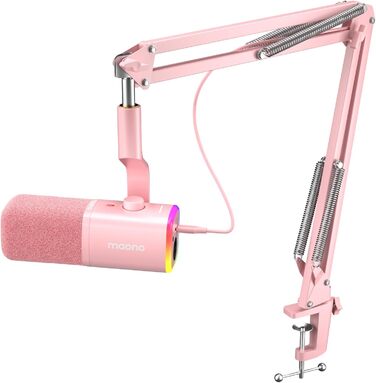 Ігровий мікрофон MAONO PD100XS XLR/USB з динамічним капсулем, RGB-підсвіткою, пультом гучності, кнопкою вимкнення звуку, програмним забезпеченням, для ПК, стрімінгу, запису, PS4/PS5, Mac, рожевий