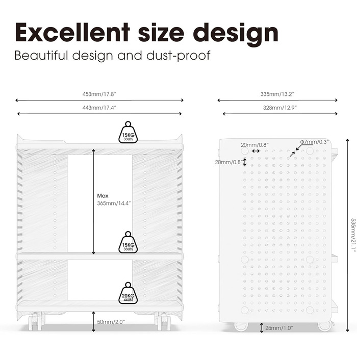 Стіл для принтера Fenge з колесами, мобільний тримач для принтера з перфорацією, 3 рівні, стійка для принтера/роликовий контейнер з органайзером, полиця, шафа для документів, для офісу та дому, 45,3x33,5x53,5 см (Дуб+Білий)