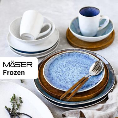 MSER Frozen Series, керамічний набір посуду на 4 персони, комбінований набір 16шт з органічними формами, кольоровий крапчастий обідній сервіз, керамограніт, білий