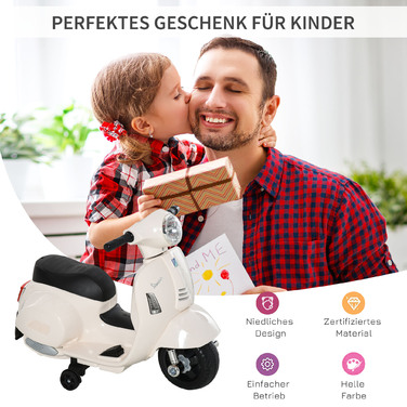 Дитячий електричний мотоцикл HOMCOM VESPA, 18-36 місяців, 3 км/год, LED світло та звук, PP пластик та метал, білий, 66.5x38x52см