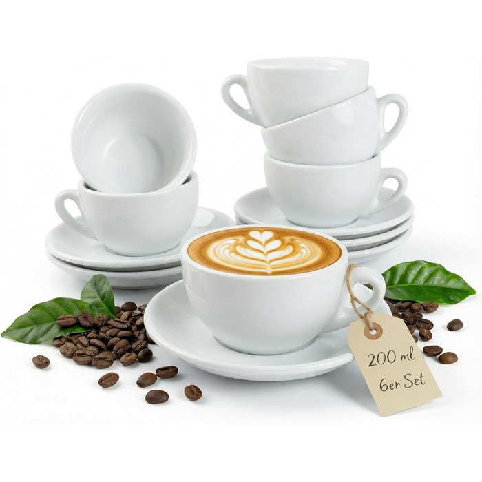 Набір кавових чашок Капучіно, 6 шт. | Білий колір | Італійський стиль | Товстостінні, важкі | Можна мити в посудомийній машині | Подарунковий набір 200 мл