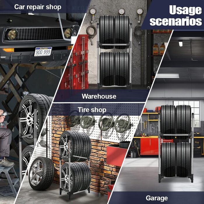 Стійка для шин BAOYOUNI на 4 шини/диски, 2 яруси, сіро-срібна, 57,2 x 37,3 x 114,6 см