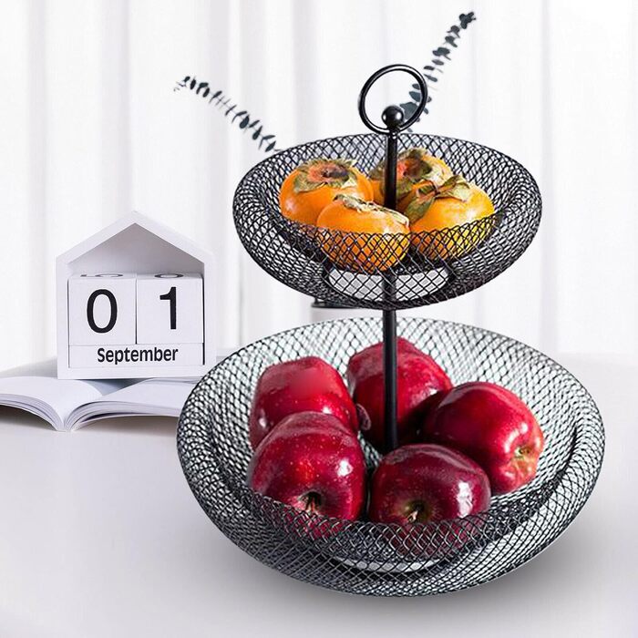 Металевий кошик для фруктів 2 яруси, чорний, вінтажний, сучасний, дротяний, круглий, для кухні або дому