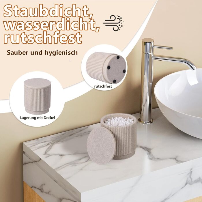 Набір для ванної кімнати 6 предметів: дозатор для мила, стаканчик для зубної щітки з підносом та коробочка для ватних паличок – смугастий дизайн, високоякісна смола (бежевий)