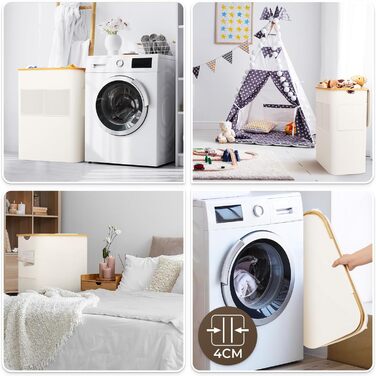 Кошик для білизни OUSFOT з кришкою, 3 відділення, 158л, сортер для білизни, знімний мішок, сітчаста кишеня, бамбукова коробка для білизни, бежевий