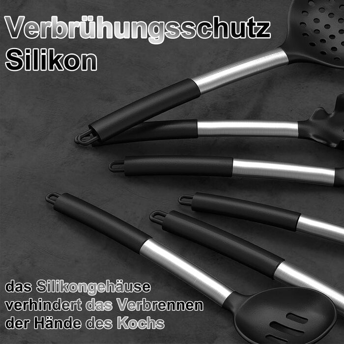 Набір кухонних помічників, 26 предметів: силіконове кухонне приладдя, посуд, стійкий до нагрівання, з тримачем, антипригарний, з нержавіючою ручкою, придатний для миття в посудомийній машині (чорний)