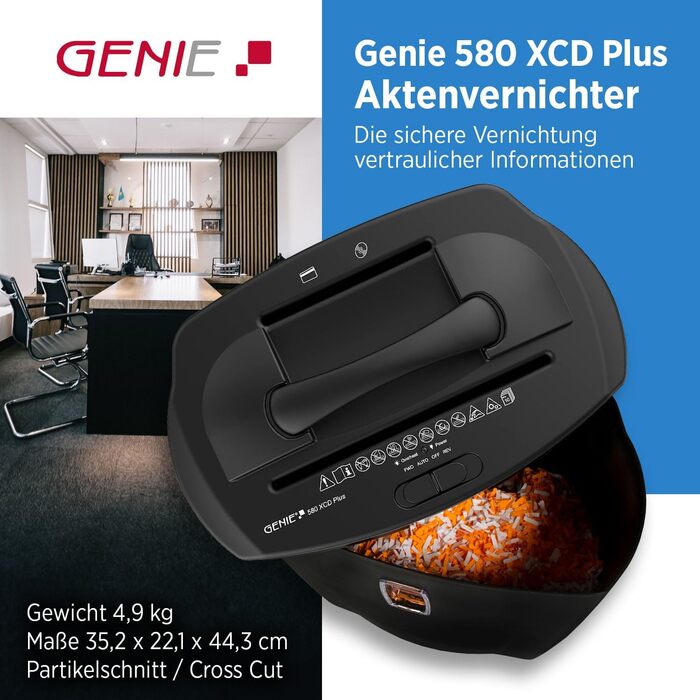 Шредер Genie 580XCD Plus: знищення документів, CD/DVD, карт, P-4, 21 л, чорний