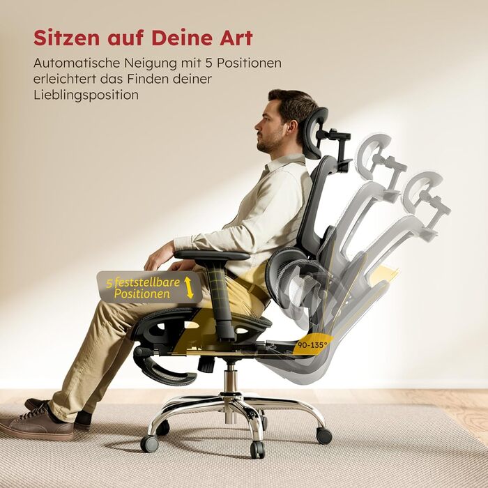 Ергономічне крісло для офісу Voll-Mesh з підголівником, підставкою для ніг, регульованою спинкою, підлокітниками, автоматичною поперековою підтримкою, PU-колесами, поворотним на 360°, до 150 кг, чорне