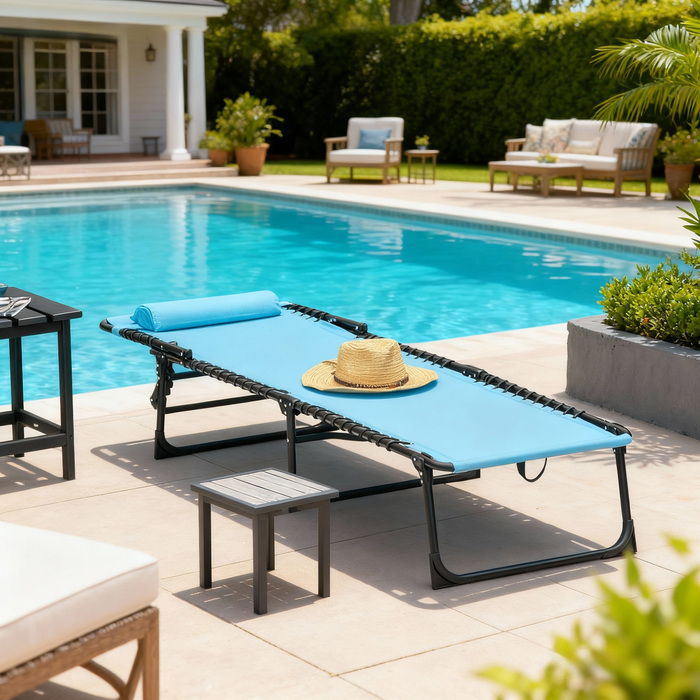 Шезлонг, розкладний, з дихаючою оббивкою, металевий каркас, 189 x 58 x 30 см, блакитний