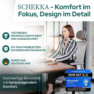 Ергономічне крісло Schekka® для офісу - переможець тестів. Індивідуальне регулювання, підтримка попереку, 3D підлокітники, дихаюча сітка. Макс. вага 150 кг, чорний колір, без підголівника.