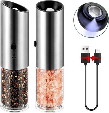 Набір з 2 електричних млинів для солі та перцю, USB, регульований, сріблястий, на батарейках, шейкер для спецій з підсвічуванням