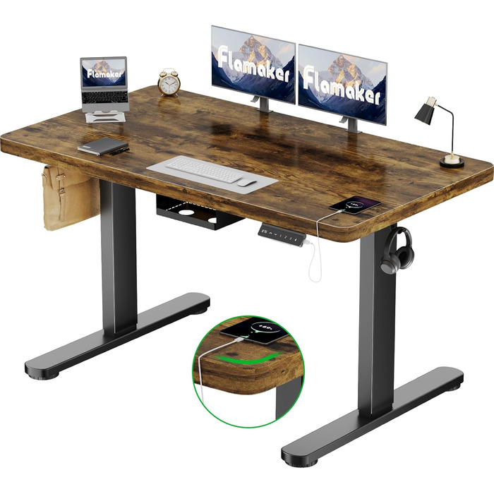 Електричний стіл Flamaker з регулюванням висоти 120x60 см, суцільна стільниця 25 мм, безщітковий мотор, стабільний ергономічний стіл, органайзер для кабелів, вінтажний коричневий