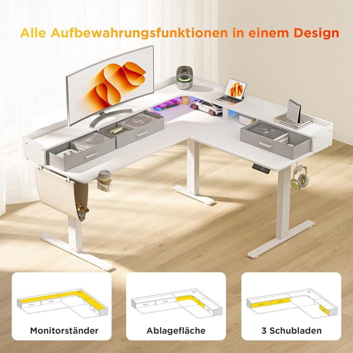 Електричний кутовий стіл L-подібної форми, 160 x 140 см, з 3 висувними ящиками, регулювання висоти, для офісу, ігрової кімнати, дому