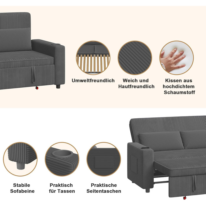 Диван-ліжко JUMMICO 2-місний розкладний сірий з подушками та підсклянниками для вітальні та спальні 75x160x93 см