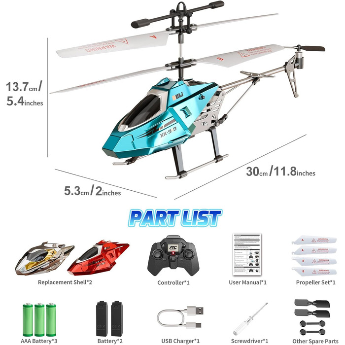 RC Гелікоптер XIKOTEC на радіокеруванні з 2 акумуляторами, LED підсвічуванням, автоматичним злетом/посадкою - іграшка для хлопчиків від 8 років, синій