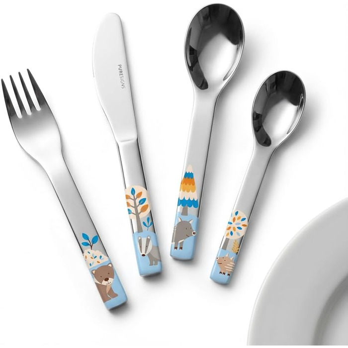 Дитячий ергономічний набір столових приборів Puresigns (4 шт.) з нержавіючої сталі 18/10 – Безпечний та довговічний – Мотиви лісових тварин (ведмедик, барсук, кабан) – Можна мити в посудомийній машині – Ідеально для малюків та тих, хто вчиться їсти