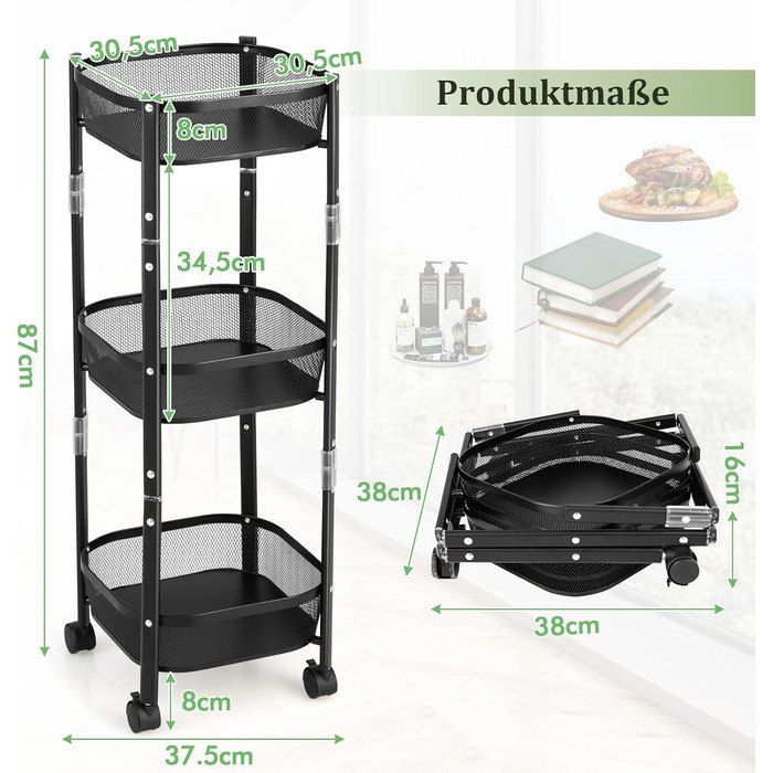 Візок складний COSTWAY, 3 полиці, металеві, на коліщатках, для кухні, ванної кімнати, офісу, 38x38x87 см, чорний
