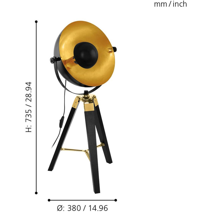 Настільна лампа EGLO Covaleda, настільна лампа на штативі, промислова, вінтажна, приліжкова лампа з дерева та сталі, лампа для вітальні в чорному, золотому та латунному кольорах, лампа з вимикачем, розетка E27