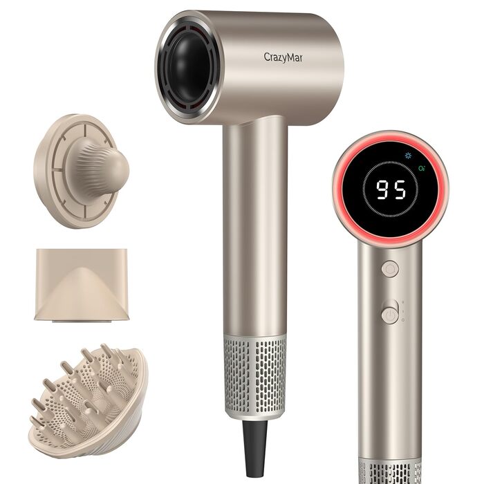 Іонний фен для волосся з безщіточковим двигуном 180 000 об/хв, компактний дорожній фен з 4 режимами температури та захистом від перегріву, колір Oro Champán