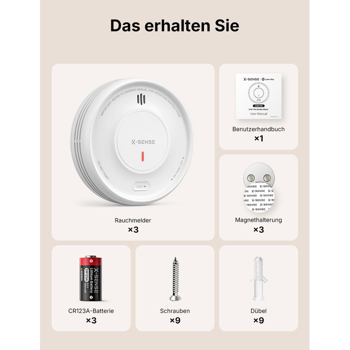 X-Sense Розумний димовий сповіщувач Wi-Fi з магнітною кріпленням, мережевий пожежний сповіщувач з базою SBS50, функція додатку, сумісний з Home Assistant, змінна батарея, XS0D-MR61, білий (3 x XS0D-MR без бази, білий)