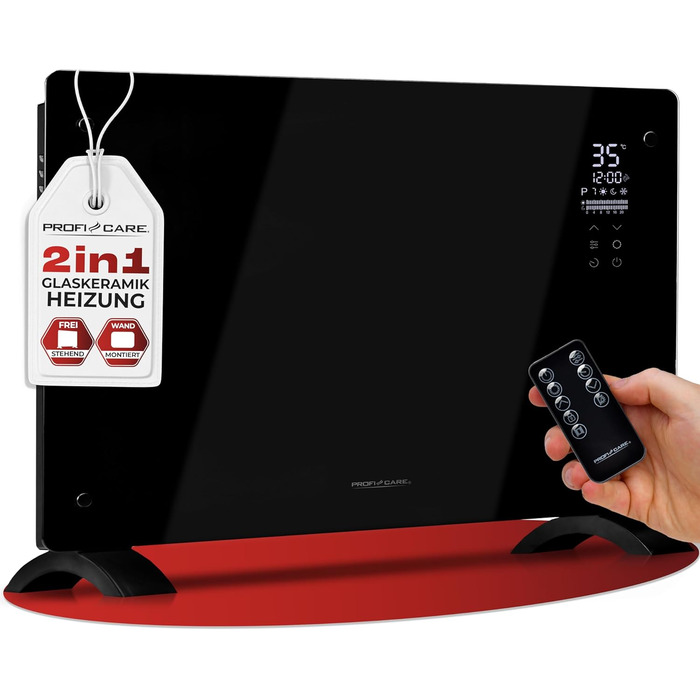 ProfiCare® Електричний конвектор з скляною передньою панеллю та X-подібним нагрівальним елементом | Мобільний обігрівач, також підходить для настінного монтажу | Конвектор з 2 рівнями нагріву | Безшумне опалення - 0dB | PC-GKH 3119 чорний