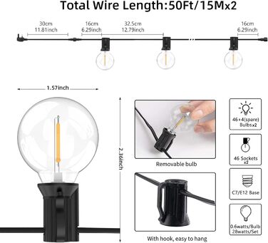 LED гірлянда Bomcosy для вулиці 60м, 100+4 лампочки G40, водонепроникна IP44, тепле світло 2700K, для саду, тераси, кафе, вечірки