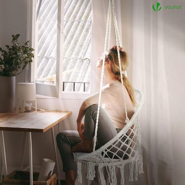 Підвісне крісло-гойдалка VOUNOT з полицею для книг та подушкою, для дому та саду, діаметр сидіння 80 см, X-Large, Бежевий