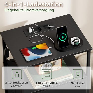 Нічний столик Somdot з підзарядкою, LED, розеткою (USB, Type-C) для спальні, вітальні, дитячої кімнати, чорного кольору, 30x40x60 см (2 висувні ящики)