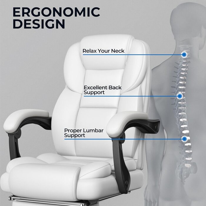 Ергономічне крісло Yaheetech для офісу, для начальника з підставкою для ніг, регульовані підлокітники, комп'ютерне крісло з високою спинкою, біле