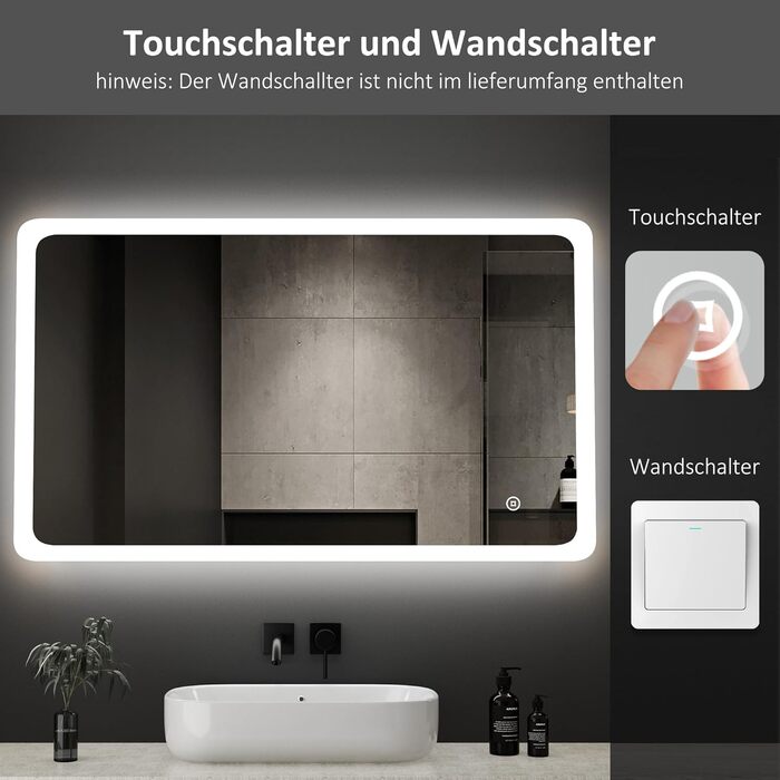 LED дзеркало для ванної кімнати Boromal 100x60 см з підсвічуванням, 3 колір світла, регулювання яскравості, сенсорне керування