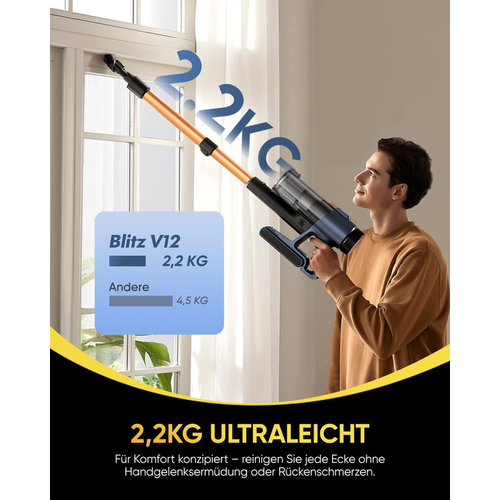 Акумуляторний пилосос Vexilar Leichter Kabello 6-в-1 для дому та авто, жовтий (450W, 50kPa, LED-дисплей)