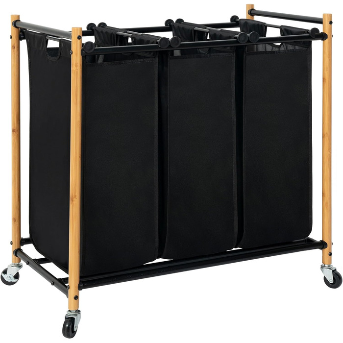 Сортувальник для білизни Storage Maniac з 3 відділеннями, 136 л, з міцними колесами, знімні кишені, бамбук