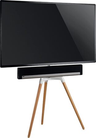 Підставка для телевізора Schwaiger 658200: дерев'яна стійка-монопод для телевізорів до 65 дюймів, до 35 кг, з кріпленням для саундбару, білий/бук, справжнє дерево, преміум-якість
