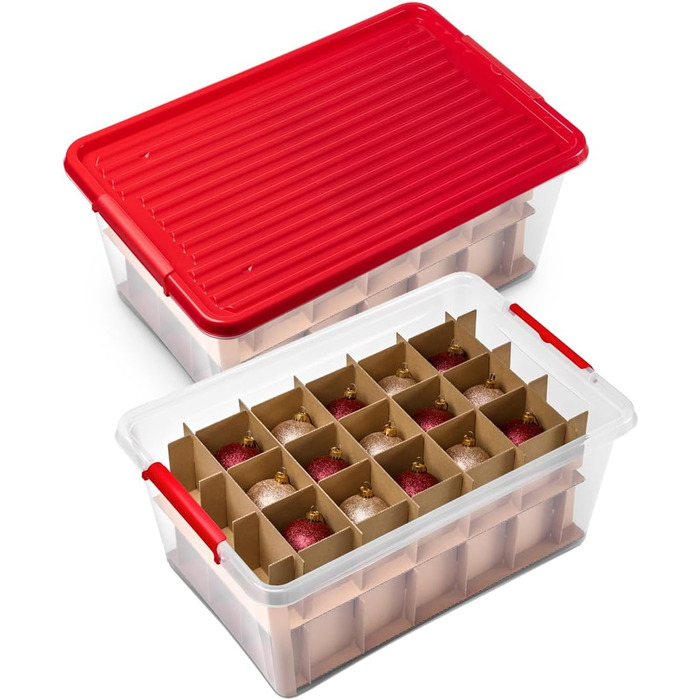 Коробка для прикрас Kreher X-Mas 40 літрів: ялинкові кулі, новорічний декор, з роздільниками (30 кульок). Прозора з червоним кришкою.