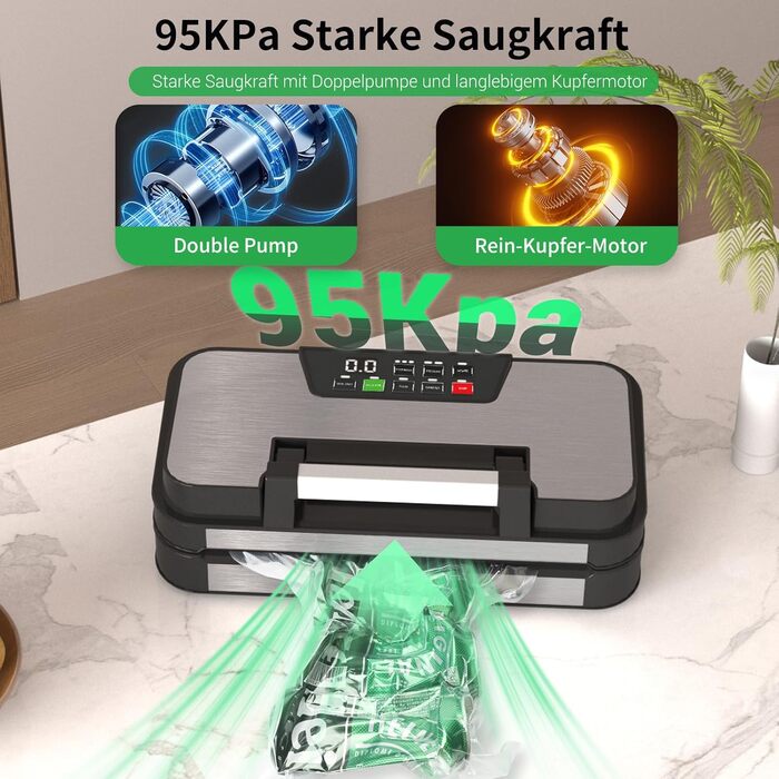 Вакууматор 10-в-1 для продуктів 95 кПа, вакуумний пакувальник з подвійною термозаваркою, вбудованим ножем та відсіком для пакетів, сталевий корпус, комплект з 2 рулонами