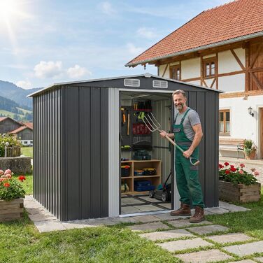 Сарай металевий Devoko 96x98x160 см з похилим дахом, антрацит. Садовий будиночок з дверима, рукавичками. Міцний, стійкий до іржі.