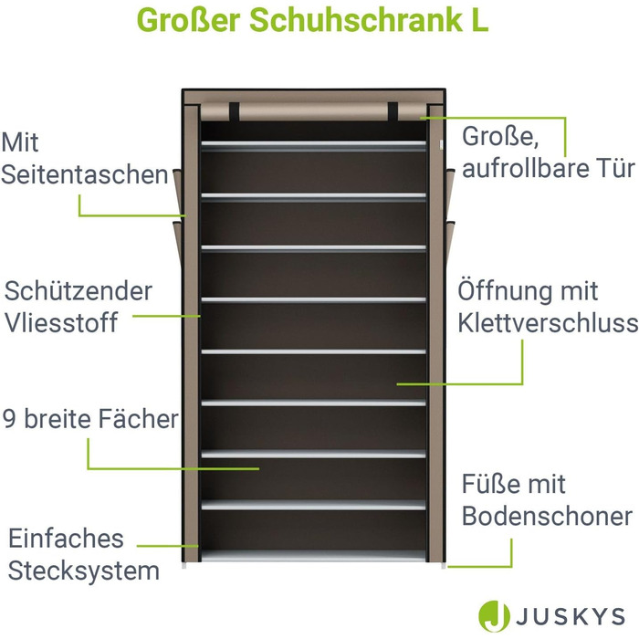Тумба для взуття Juskys L 9 рівнів, закрита, 45 пар взуття, водовідштовхувальна тканина, вставна система (Велика, світло-коричнева)
