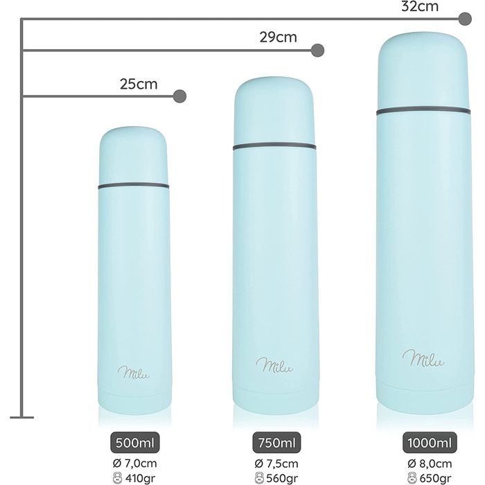 Термос Milu Термос Термос ізольована пляшка 1 л, 750 мл, 500 мл-ізольована пляшка для пиття з нержавіючої сталі, 100 герметичність, ізоляція з подвійними стінками (Блакитний, 500 мл)
