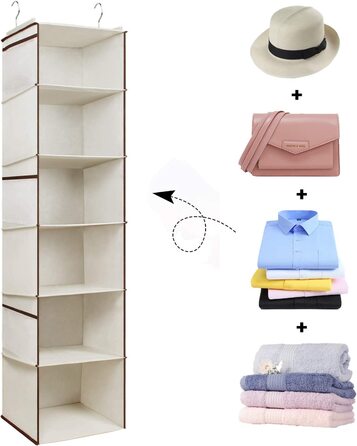 Підвісна полиця Univivi для гардеробу з висувними ящиками, органайзер для гардеробу поставляється з 2 сталевими гачками і 6 бічними кишенями, органайзер для одягу для гардеробу (6 ярусів) (бежевий)