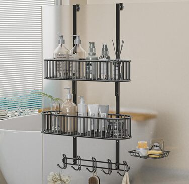 Настінна поличка для душу без свердління, чорна, для скляних душових кабін, регульована висота, 3 гачки, для шампуню та гелю для душу