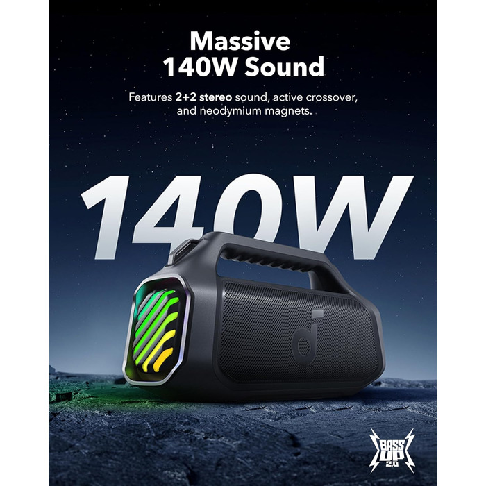 Soundcore Boom 2 Plus: Портативна Bluetooth колонка, 140W, IPX7, RGB, Power Bank, Чорний