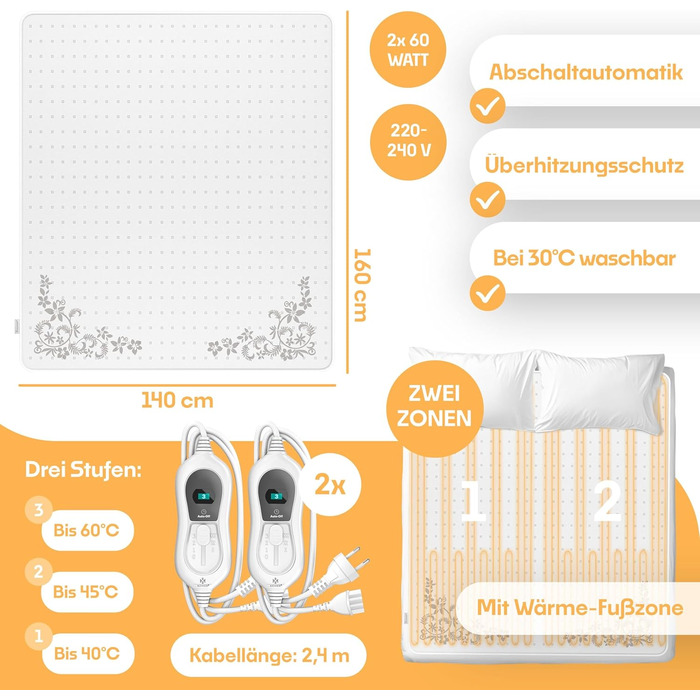 Електрична ковдра KESSER® з двома зонами нагріву та автовимкнення | Ковдра з 3 температурними режимами | Підстилка під ковдру | Тепла ковдра з м'якого флісу, біла (160 x 140 см)