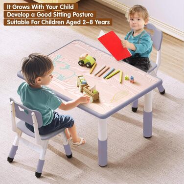 Дитячий стіл JoyHood з 2 стільцями - регульована висота. Набір дитячих меблів для дітей 3-8 років. Сірий колір. Підходить для школи, дитячого садка, дому.
