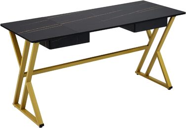Комп'ютерний стіл, Стіл для ПК, Офісний стіл, Комп'ютерний стіл з двома шухлядами в золотому та чорному мармуровому дизайні 150 x 60 см
