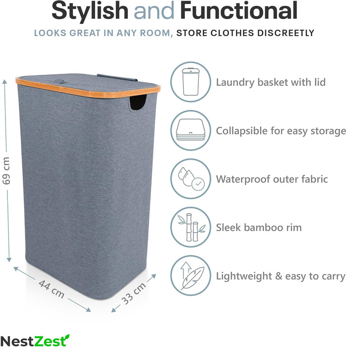 Кошик для білизни Nest Zest 100L з кришкою, 2 відділення для сортування, з інструкцією по догляду та 2 знімними внутрішніми кишенями, з бамбуковим обідком, Оксфордська тканина (Сірий)