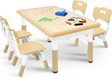 Дитячий стіл зі стільцями (2 шт.) 80x60 см, регульована висота, для дитячого садка, ідеально для ігор, малювання та розмальовування. Легко миється. Набір столу та стільців для дітей від 2 років (Бежевий)