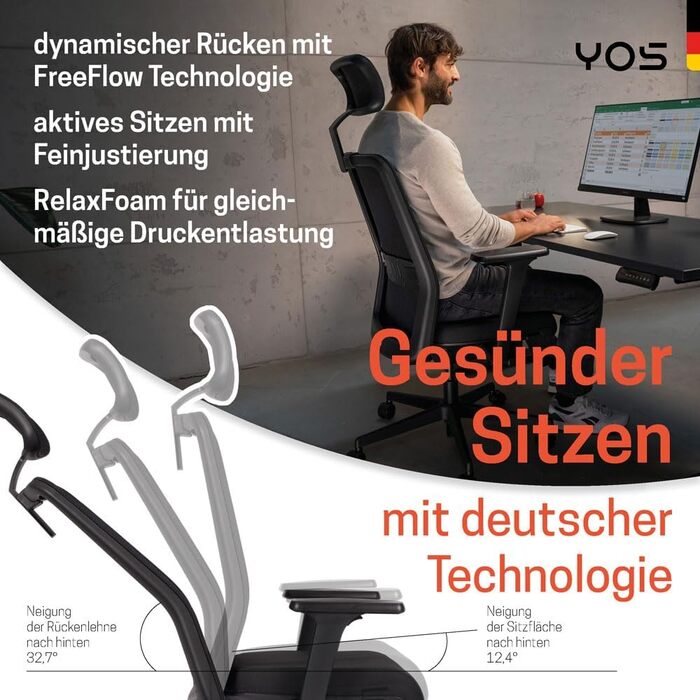 Офісний стілець YOS S5 з підтримкою спини та голови, чорний. Німецька якість, до 150 кг