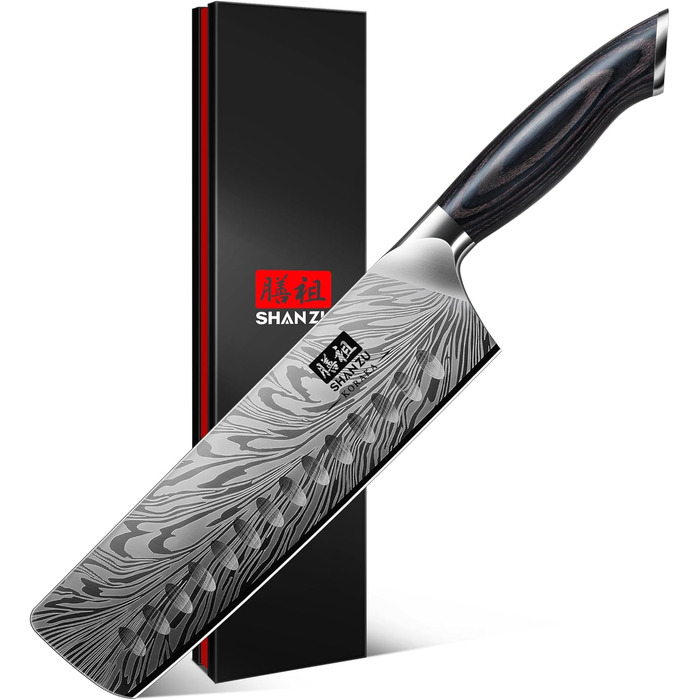 Японський ніж SHAN ZU Nakiri 18 см з пудлової сталі для кухні. Професійний ніж шеф-кухаря з ергономічною ручкою з паккавуду