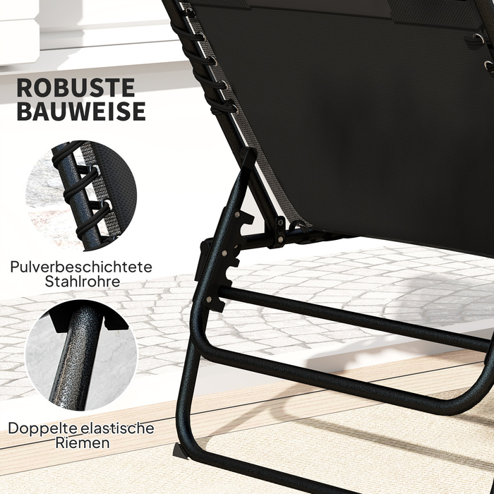 Набір з 2 сонячних лежаків, розкладні садові лежаки з подушкою для голови, спинка з 5 рівнями регулювання висоти, бічна кишеня, чорного кольору