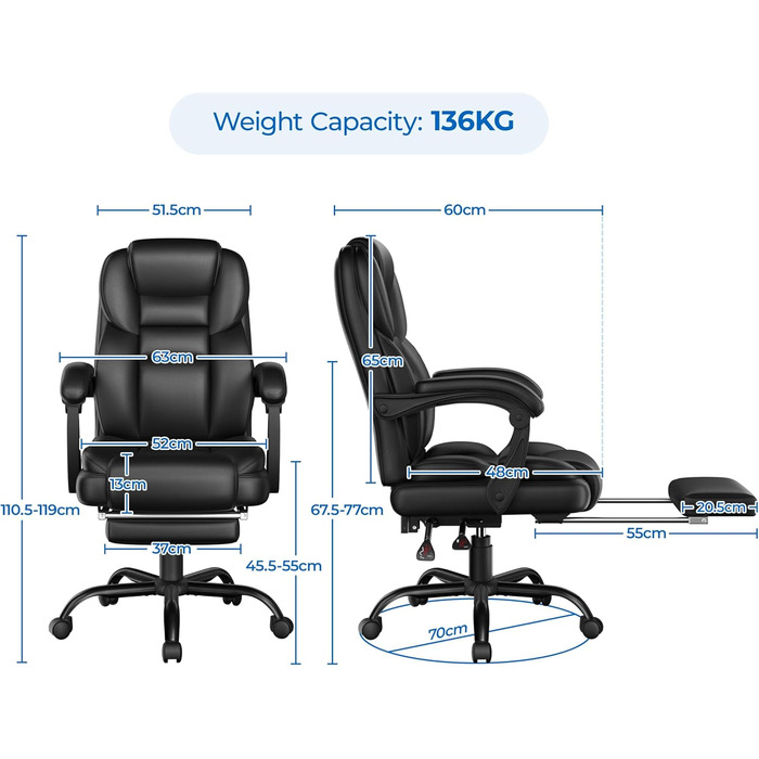 Ергономічне крісло Yaheetech для офісу, шезлонг з підставкою для ніг, комп'ютерне крісло з регульованими підлокітниками, висока спинка, регульована висота, для офісу, біле (чорне)